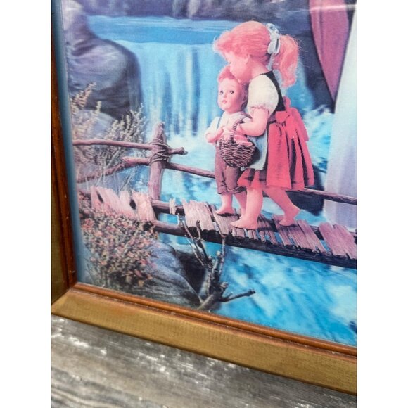 Vintage 70's Lenticular 3D Hologram Guardian Angel Children Framed Picture - Picture 9 of 15